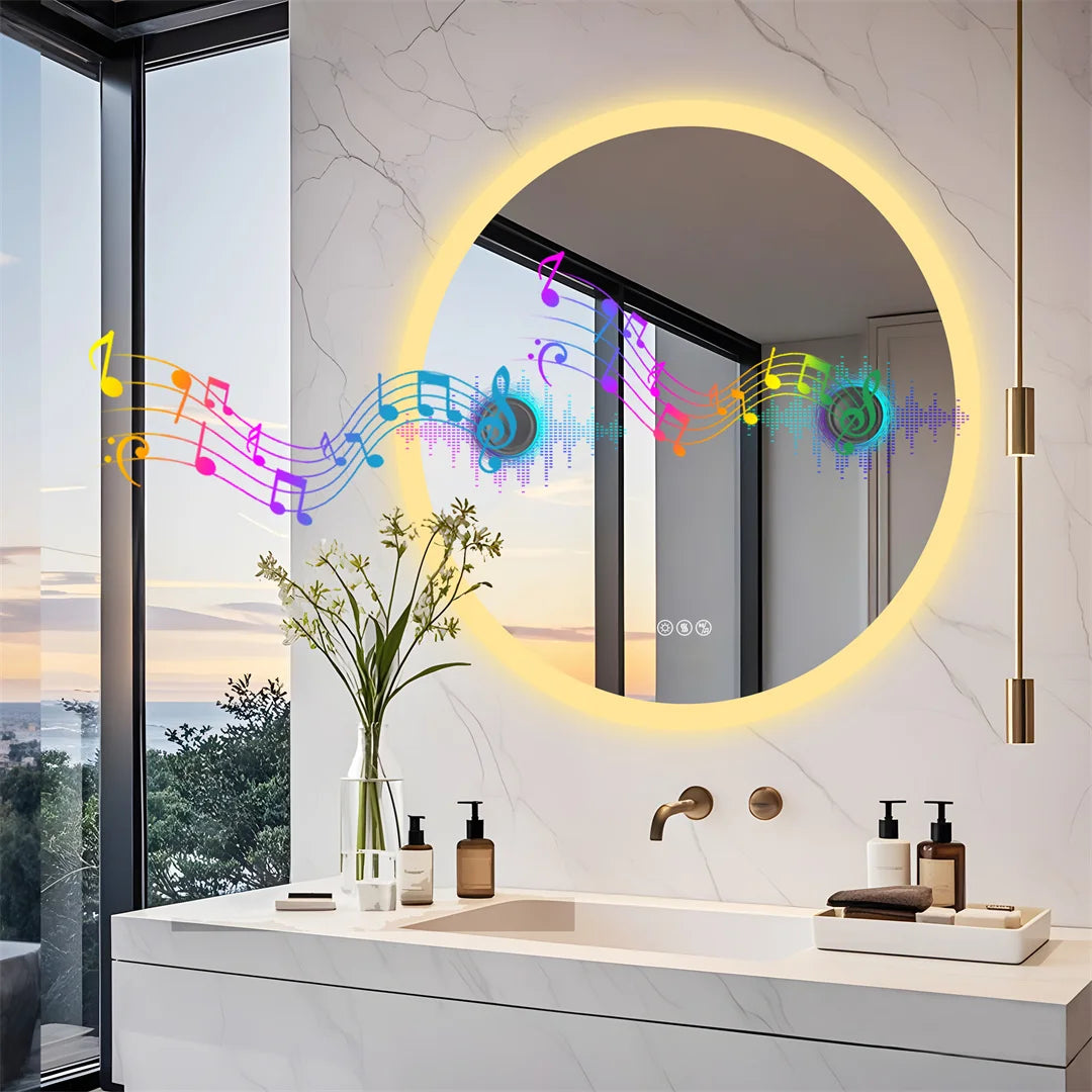 miroir rond moderne blanc notes musicales éclairé bluetooth anti buée led multifonctionnel défogging adjustable