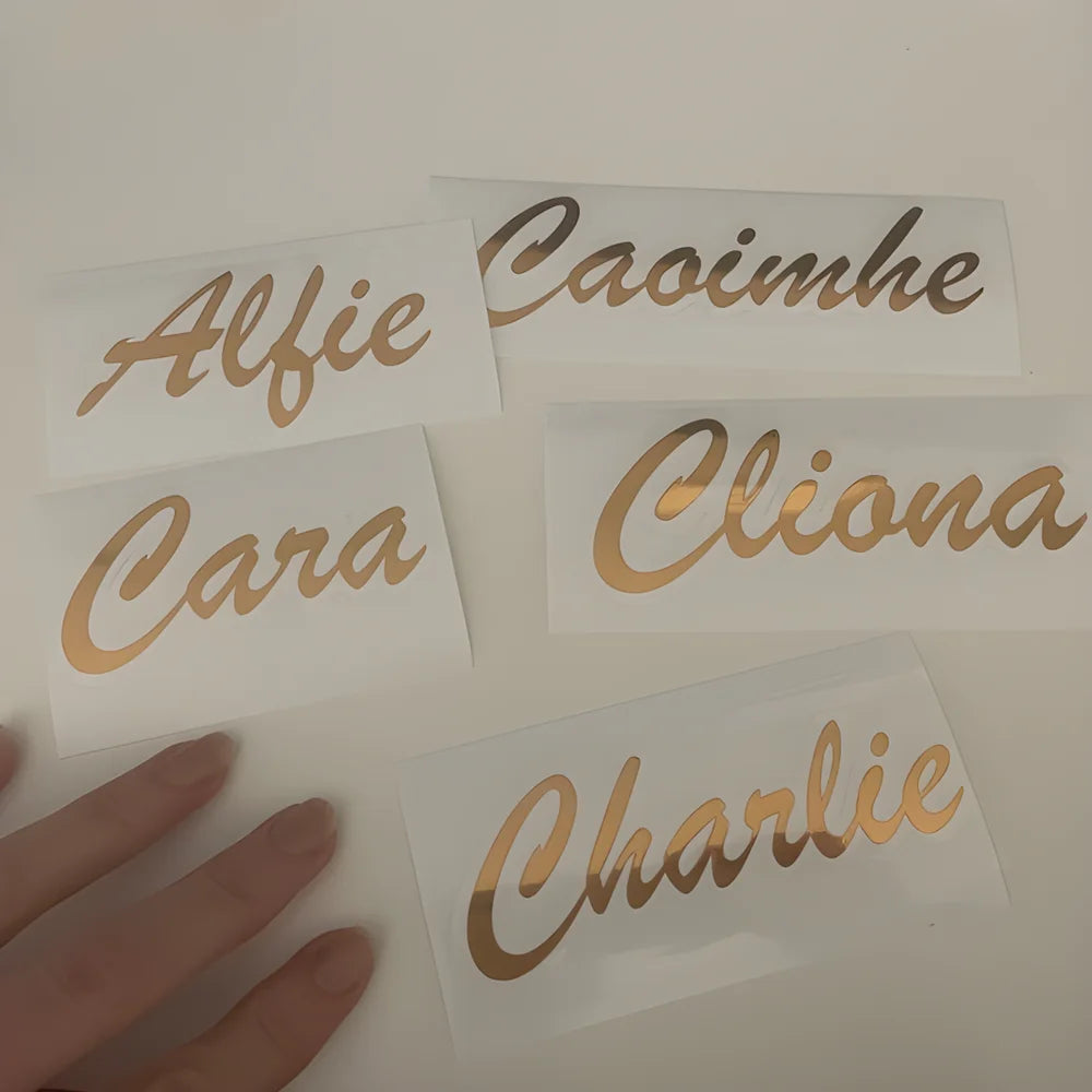 autocollants personnalisables or rose lettres stylisées calligraphiques opaques mariage douche bébé