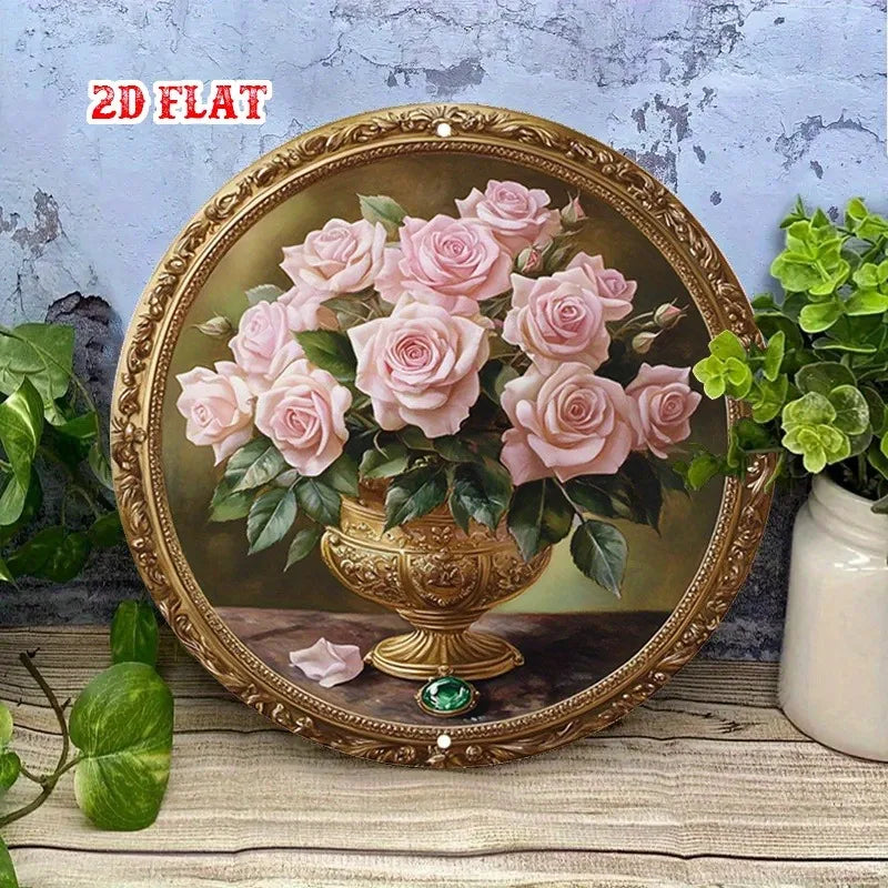 tableau mural classique bouquet roses vase doré élégant salon studio décor or rose verte