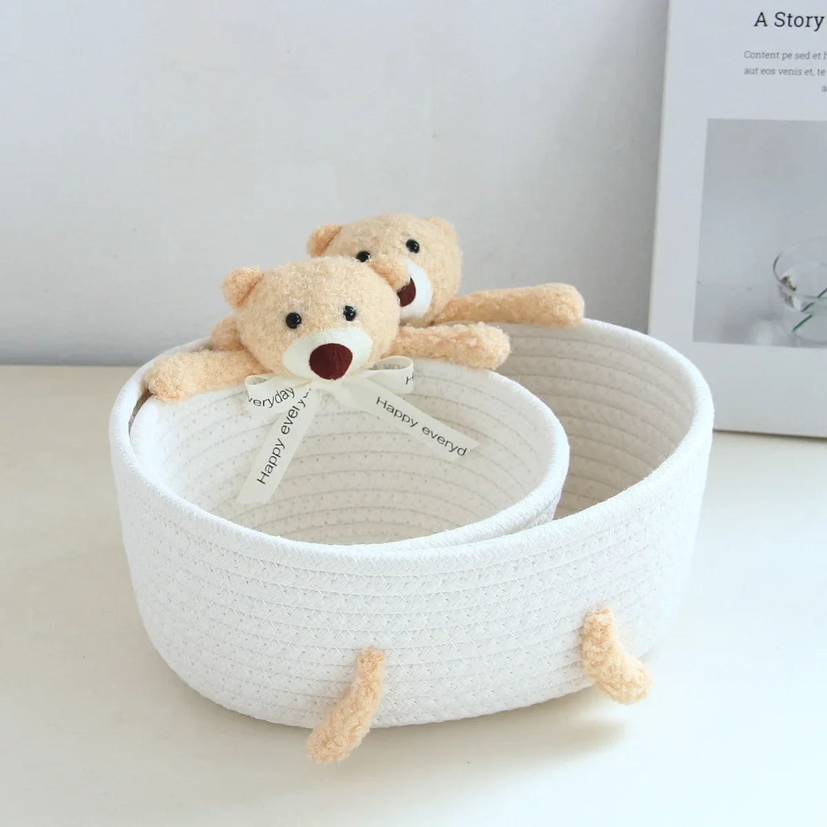 panier tissé réutilisable rangement enfant oiseaux peluche bijoux couleurs douces moderne