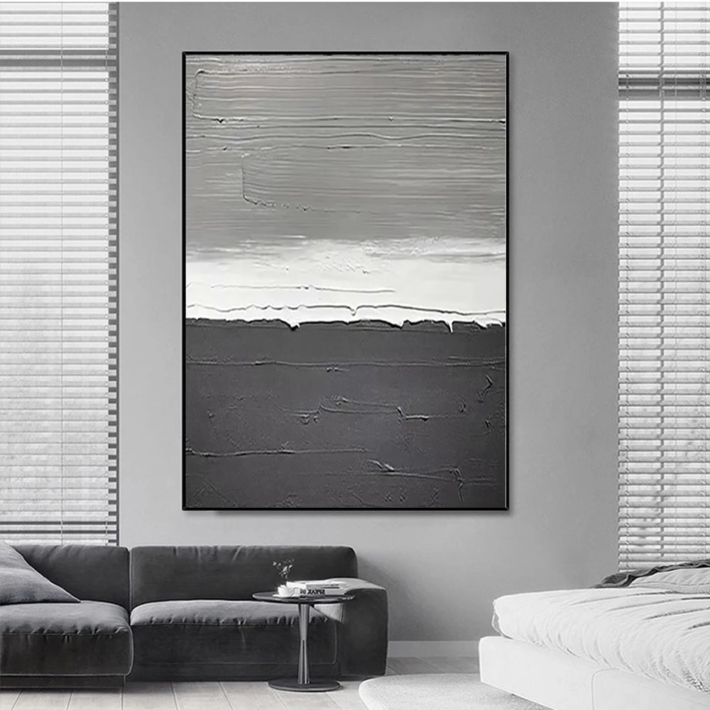 tableau abstrait moderne toile gris blanc noir texture ligne horizontale minimaliste