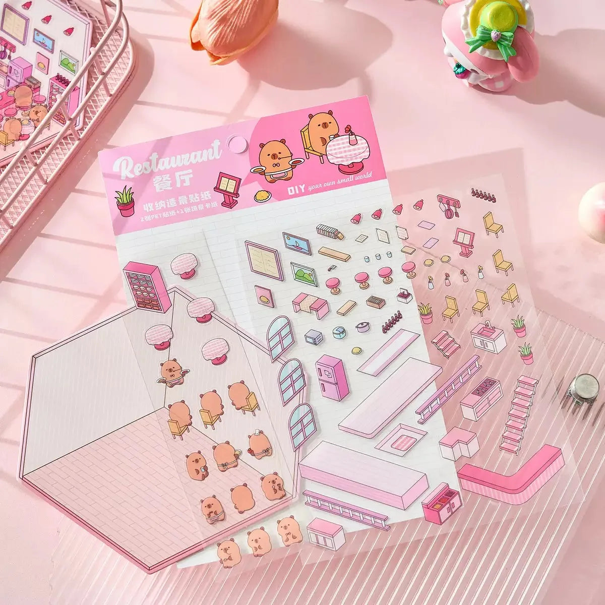 sticker 3d diy illustration cartoon scènes intérieures meubles personnages bibliothèque restaurant pharma opacité variée