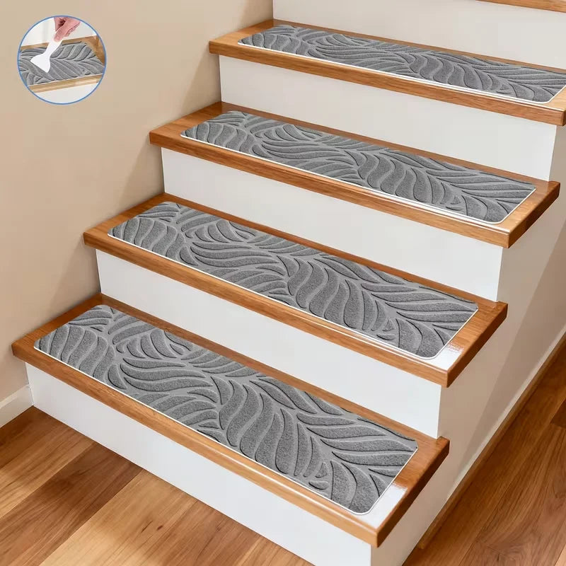 tapis d'escalier moderne gris beige feuilles velours adhésif sécuritaireintérieur chien 76cm 20cm