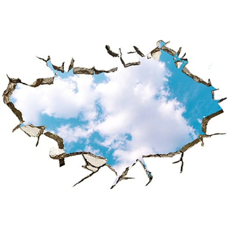 sticker mural 3d ciel bleu nuages étoiles béton fissuré adhésif chambre toit