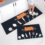 tapis sol cuisine motifs géométriques floraux moderne bleu foncé orange blanc
