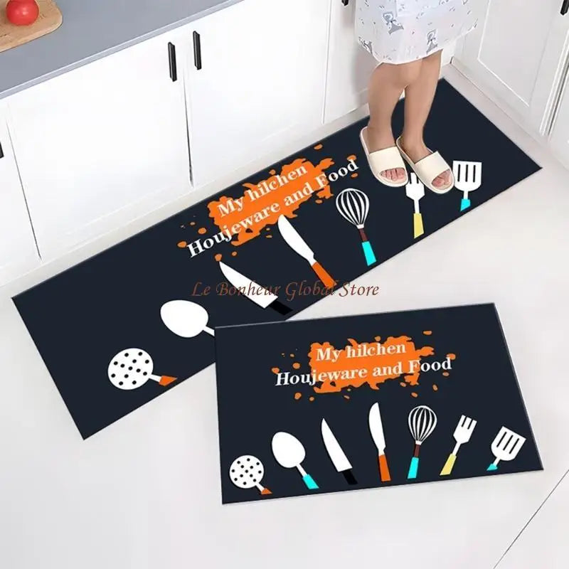 tapis sol cuisine motifs géométriques floraux moderne bleu foncé orange blanc