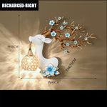 lampe murale moderne branches fleurs strass tête cerf blanc doré bleuclair