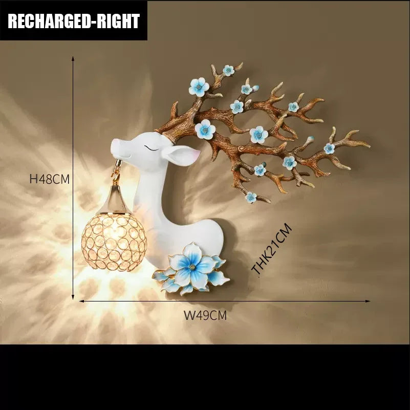 lampe murale moderne branches fleurs strass tête cerf blanc doré bleuclair