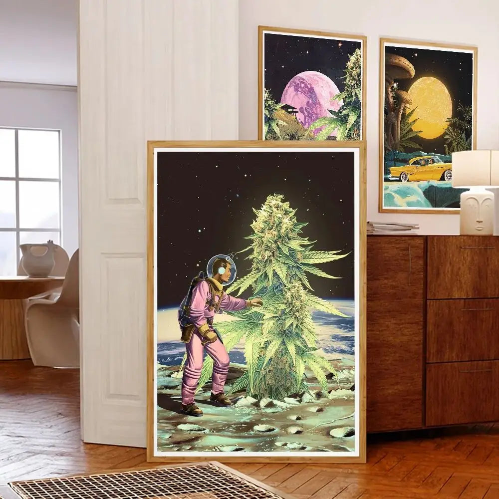 affiche art imprimante toile adhésive verte rose noire blanche illustration cannabis voiture paysage fantastique