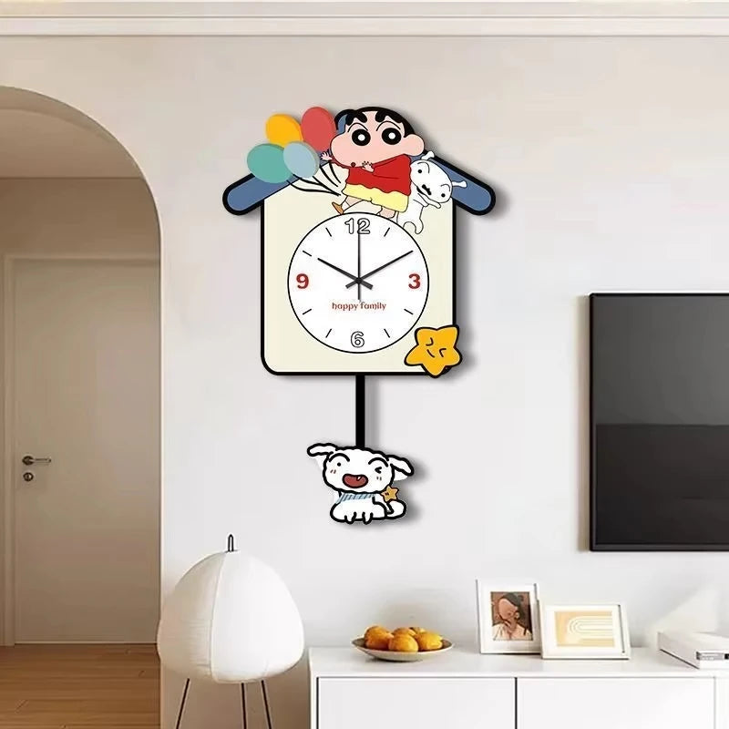 horloge murale crayon shin chan dessins animés moderne happy family personnages animaux motifs floraux