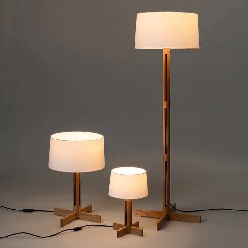 lampe moderne minimaliste bois blanc abatjour tissu base fixe led 21w 30w