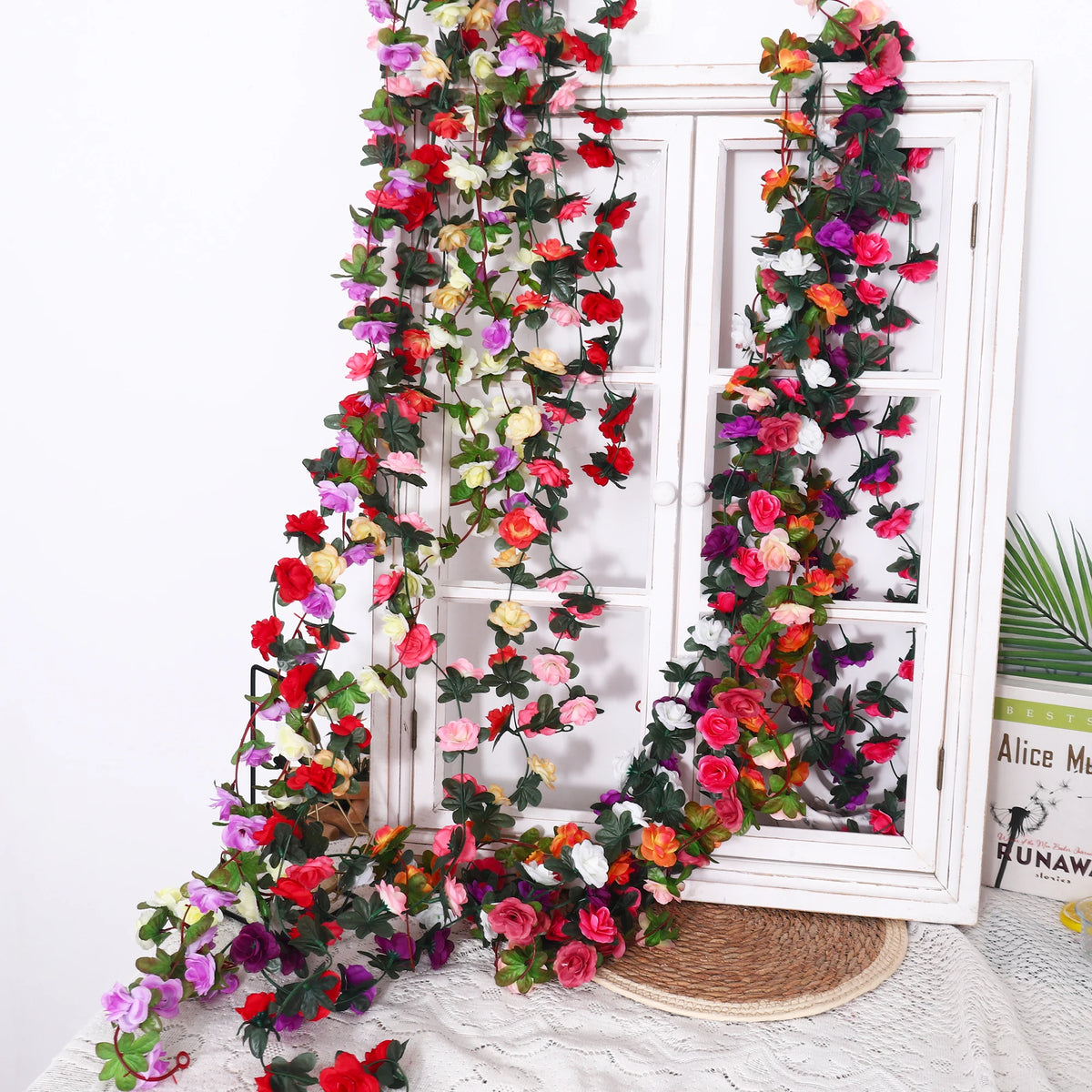 guirlande fleurs artificielles roses soie feuilles vertes décoration mariage intérieur fête anniversaire murale décorative