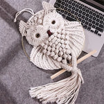 chouettes macramé blanc cassé motifs géométriques boho chic tapisserie murale tresses régulières