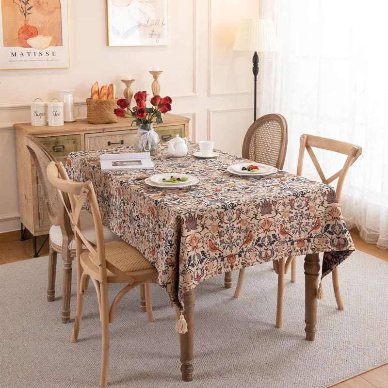 nappe rectangulaire polyester floral oiseaux beige marron rouge bleu classique tassel salon