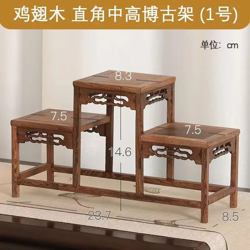 présentoir bois sculpté banc traditionnel marron foncé classique meuble rétro décoration maison figurines plantes