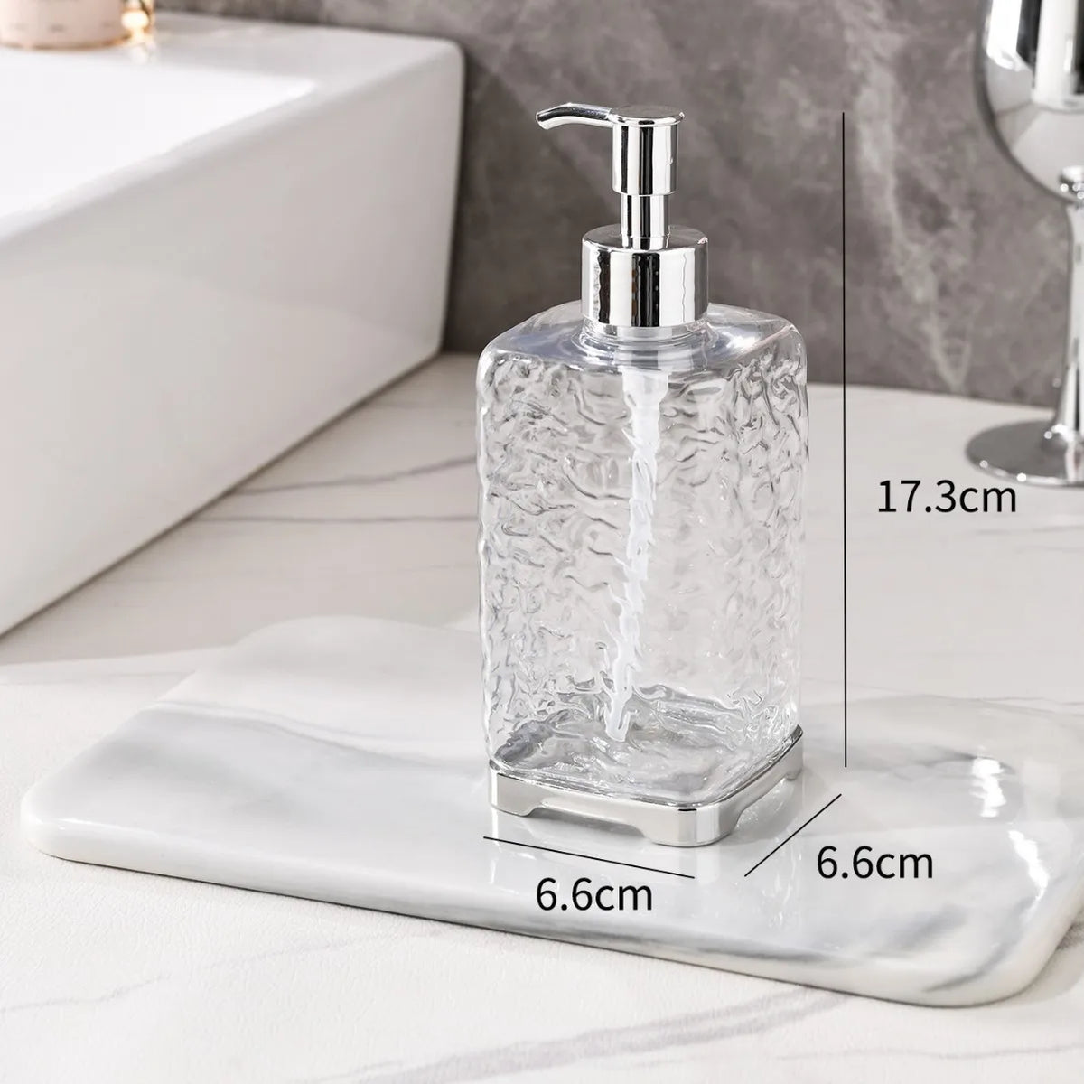 distributeur savon liquide transparent moderne texturé ligne ondulée base plate pompe pression plastique nouveau