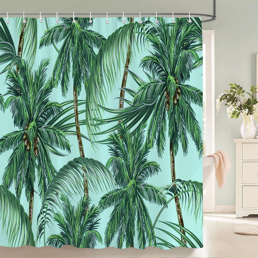 Image d'élégants rideaux longs aux couleurs tropicales, ornés de motifs de palmiers verts luxuriants. Ces rideaux, confectionnés à partir d'un tissu léger et aéré, peuvent ajouter une touche estivale et exotique à tout espace intérieur, tout en offrant une protection contre la lumière du soleil. Parfaits pour ceux qui recherchent un style de décoration inspiré de la nature.