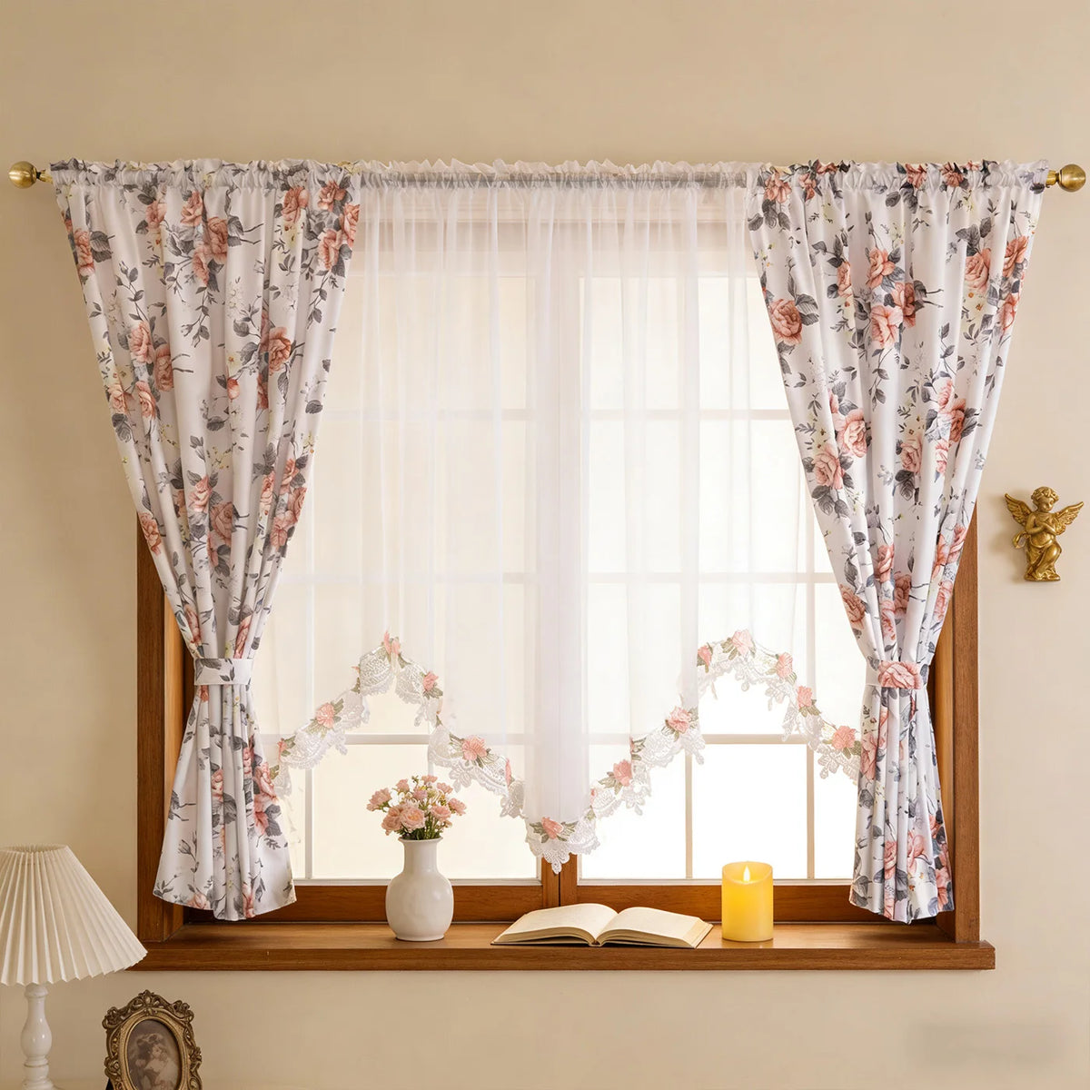 rideau polyester fleur rose dentelle blanche classique transparent dorés salon chambre coucher