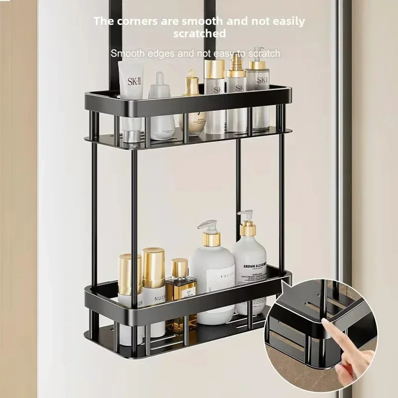 étagère salle bain deux niveaux noir moderne grille imperméable aluminium fixations murales rangement douche