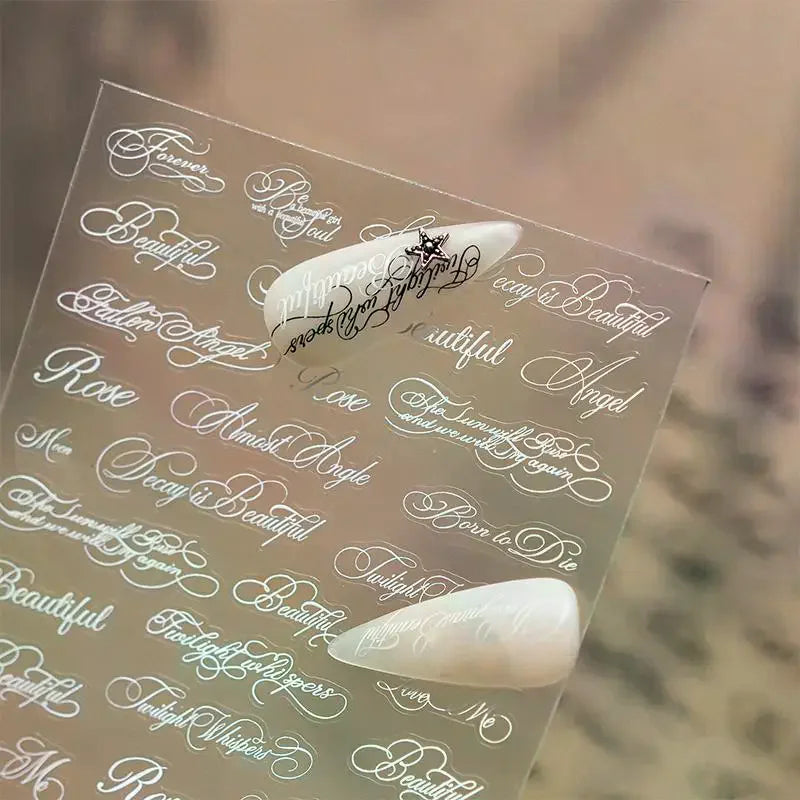 autocollants ongles transparents lettres noires calligraphie adhésif diy manucure ongles décoration beauté française écriture