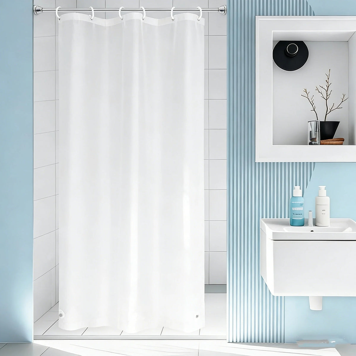 rideau douche transparent moderne 90x180cm blanc uni aimants lestés respectueux environnementôtelles antirouille