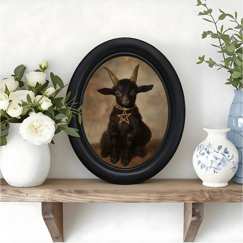 cadre photo ovale bélier noir pentacle doré décoration murale classique occulte pentagramme ornement gothique