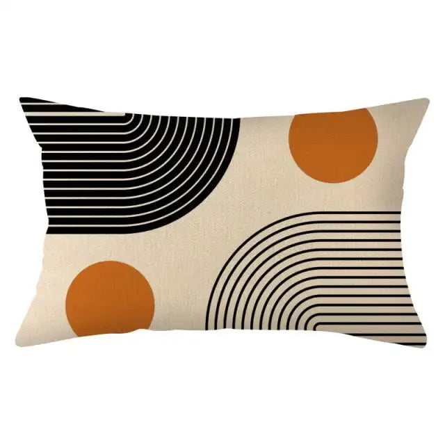 coussin rectangulaire polyester motif géométrique moderne beige orange noir blanc respectueux environnement qualité maison