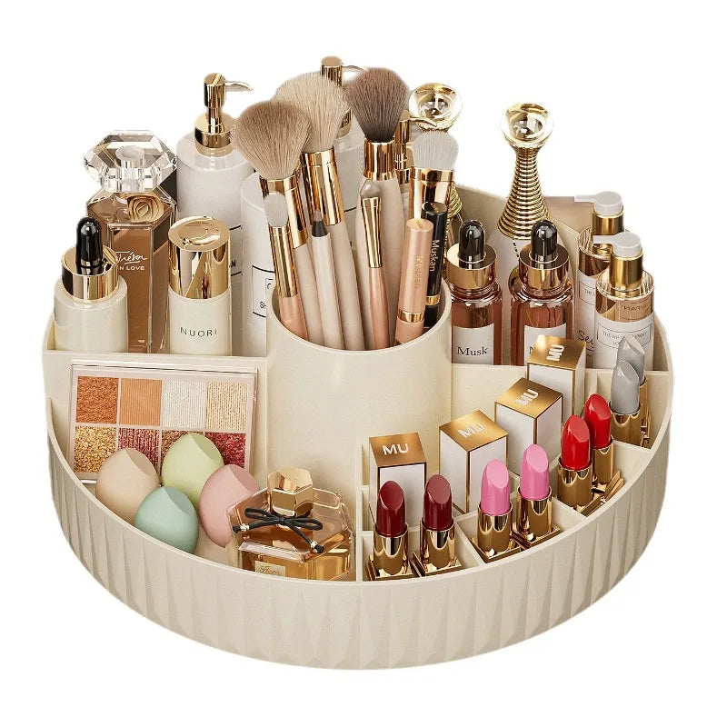organisateur maquillage rotatif beige rayures moderne brosse parfum crème poudre rouge palette