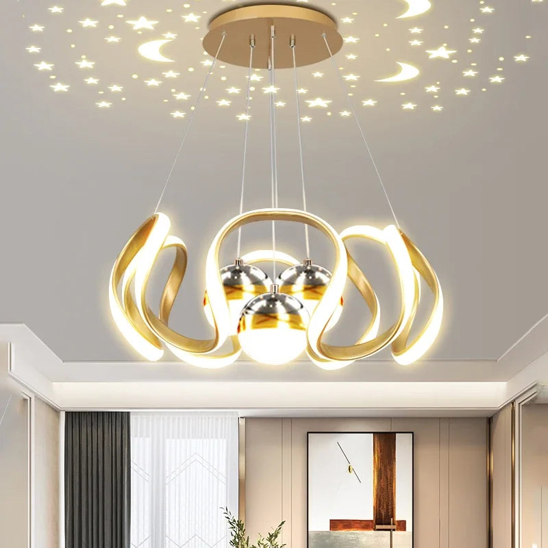 suspension lumineuse moderne noir doré boules lumière câbles suspendus forme circulaire ondulée