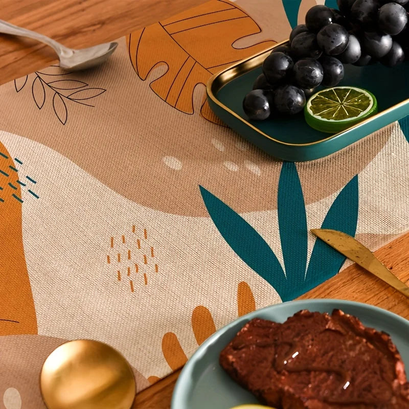 nappe table motif floral abstraite moderne bohème lin couleur beige orange marron vert noir