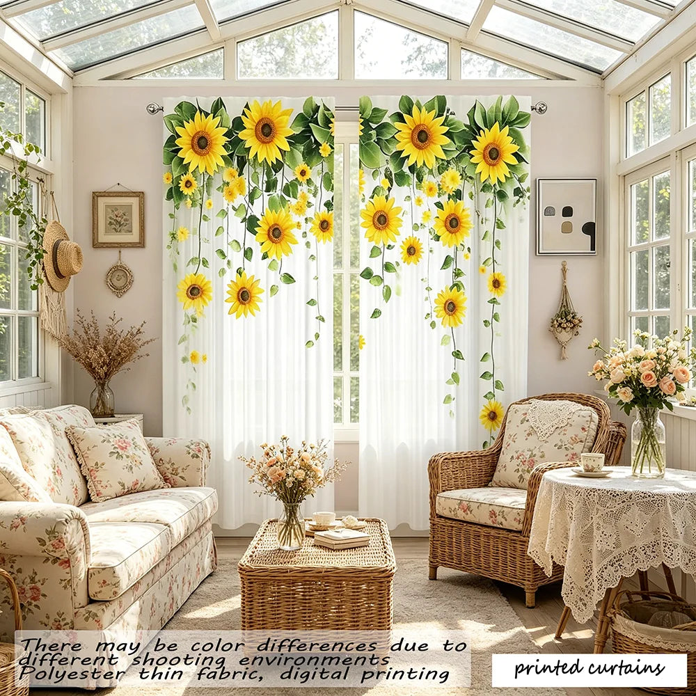 rideaux imprimés moderne tournesol blanc jaune vert transparent anneaux métalliques polyester