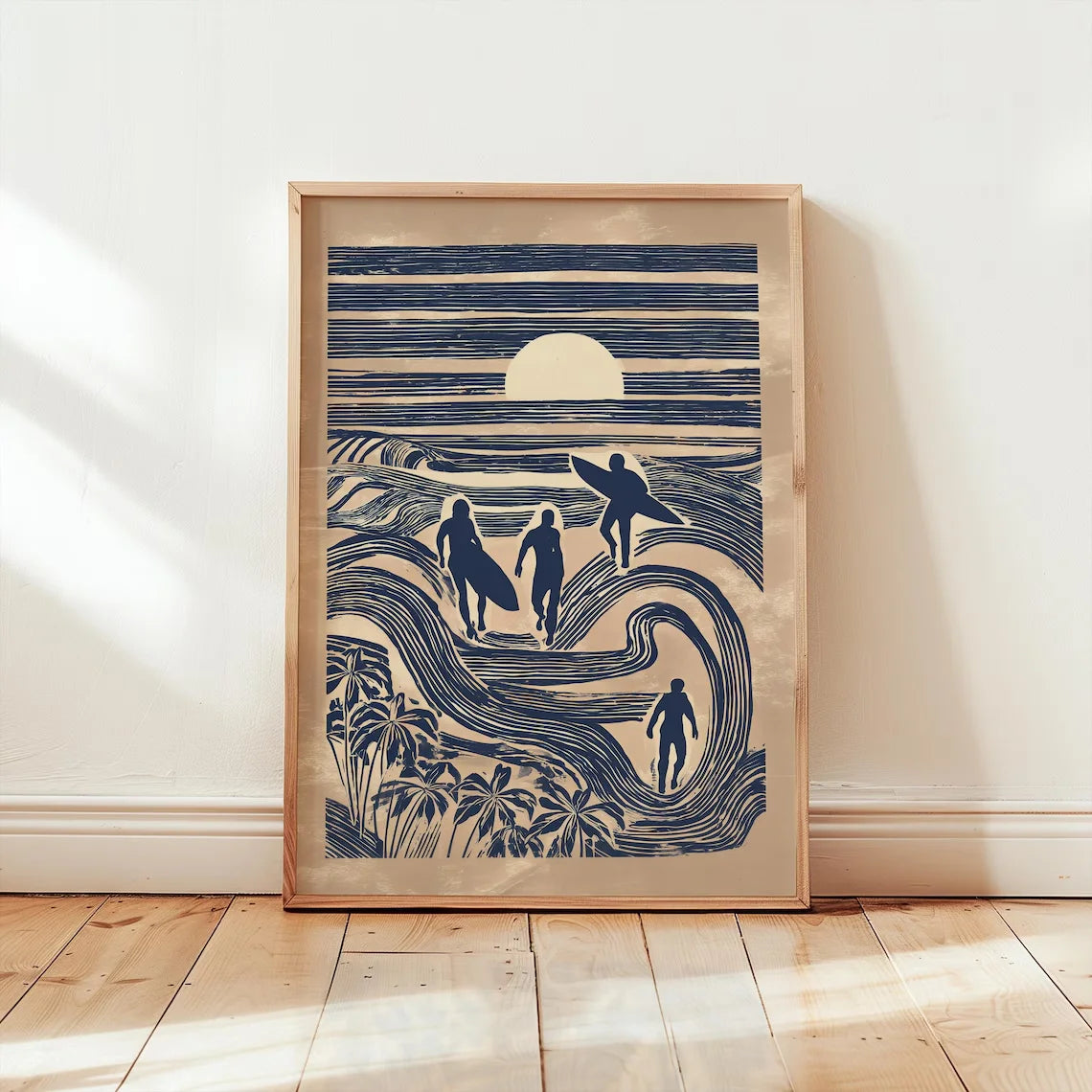 affiche moderne surfeur bleu blanc jaune vague ondulée rectangle vertical sans cadre