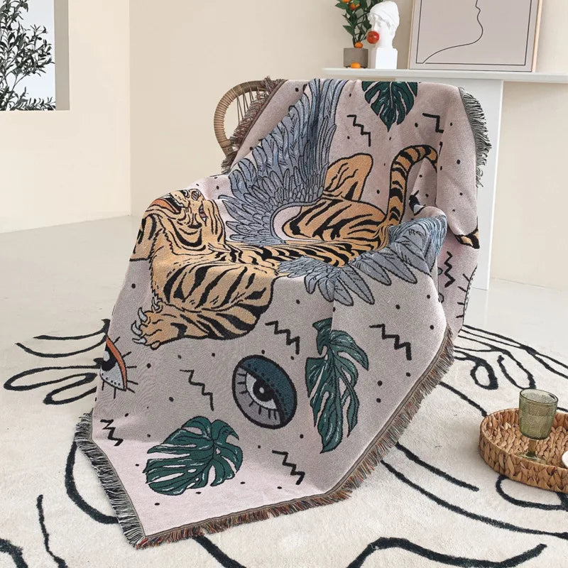 couverture pique nique tigre moderne motif monstera coton gris orange noir vert