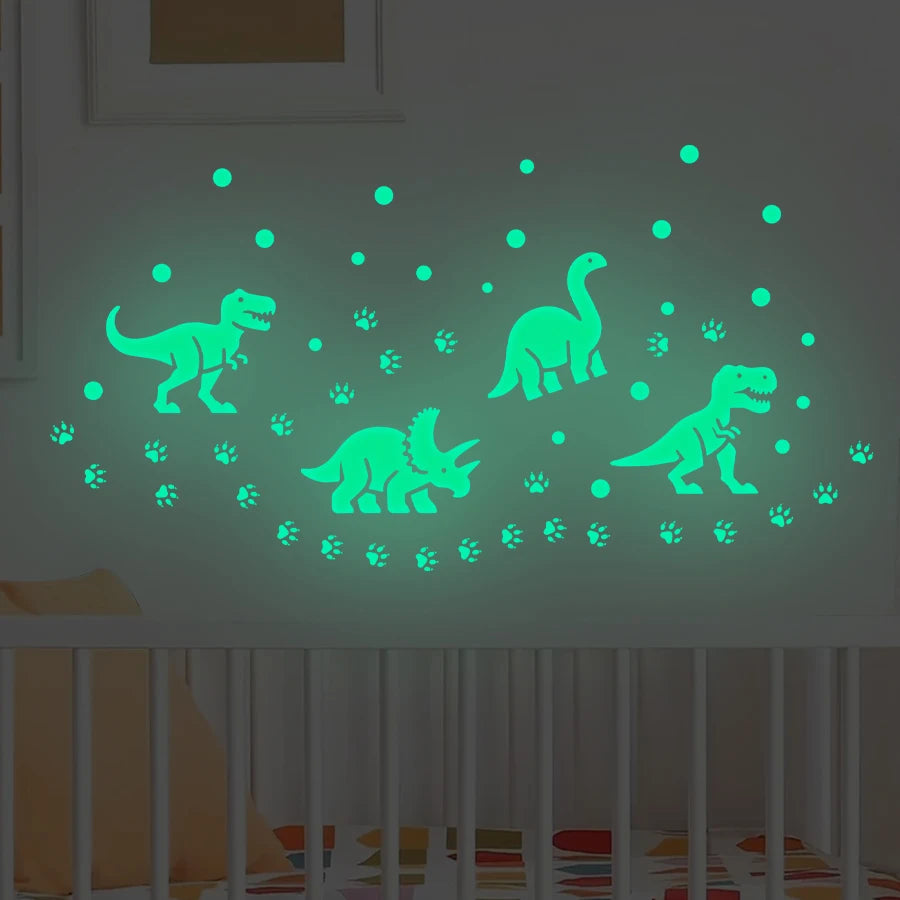 sticker mural lumineux dinosaure vert fluo empreintes pattes adhésif moderne enfantin chambre jeu decoration