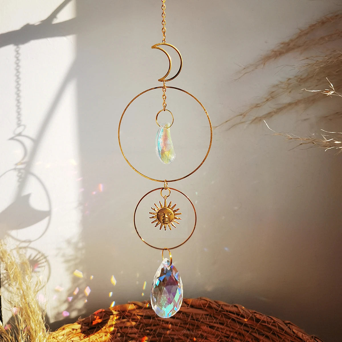 suspension décorative attrape soleil cristal lune soleil étoiles boho extérieur intérieur or transparent