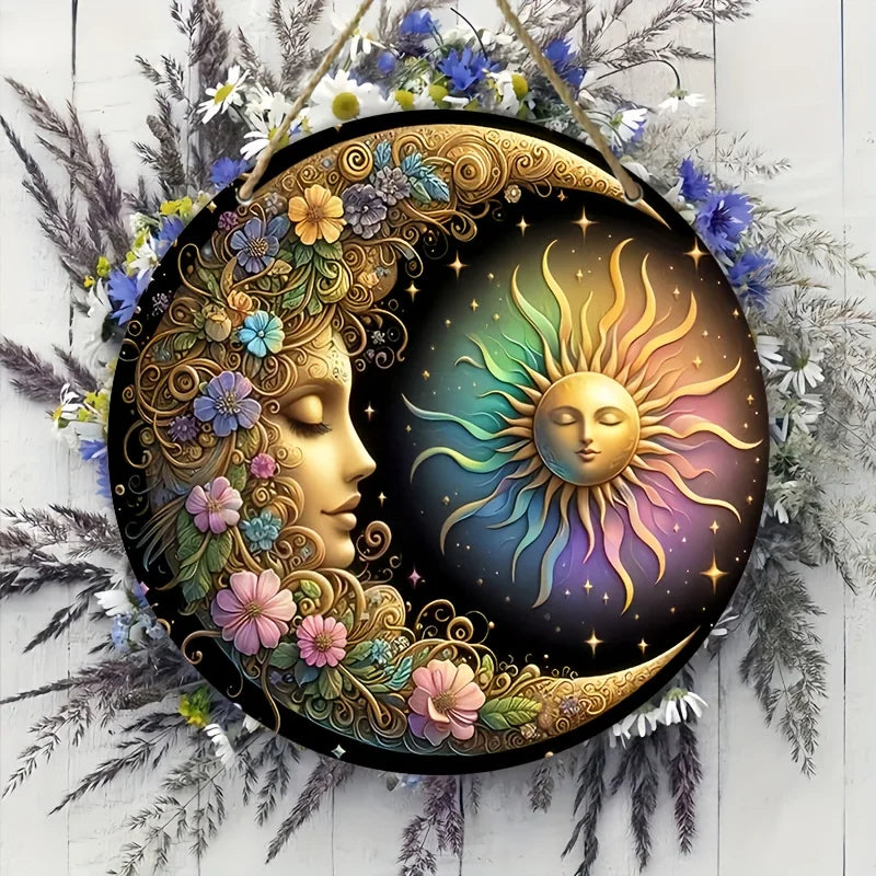 tableau circulaire art nouveau visage féminin soleil lune motifs floraux couleur dorée bois multicolore