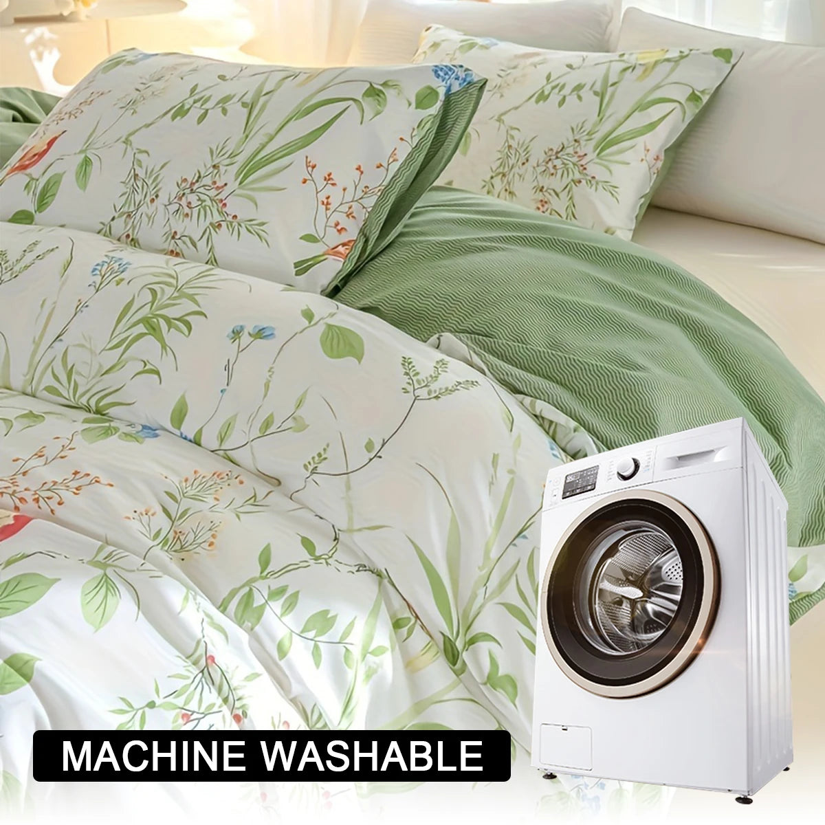 ensemble literie floral housse couette taies oreiller motifs fleurs feuilles classique moderne blanc vert