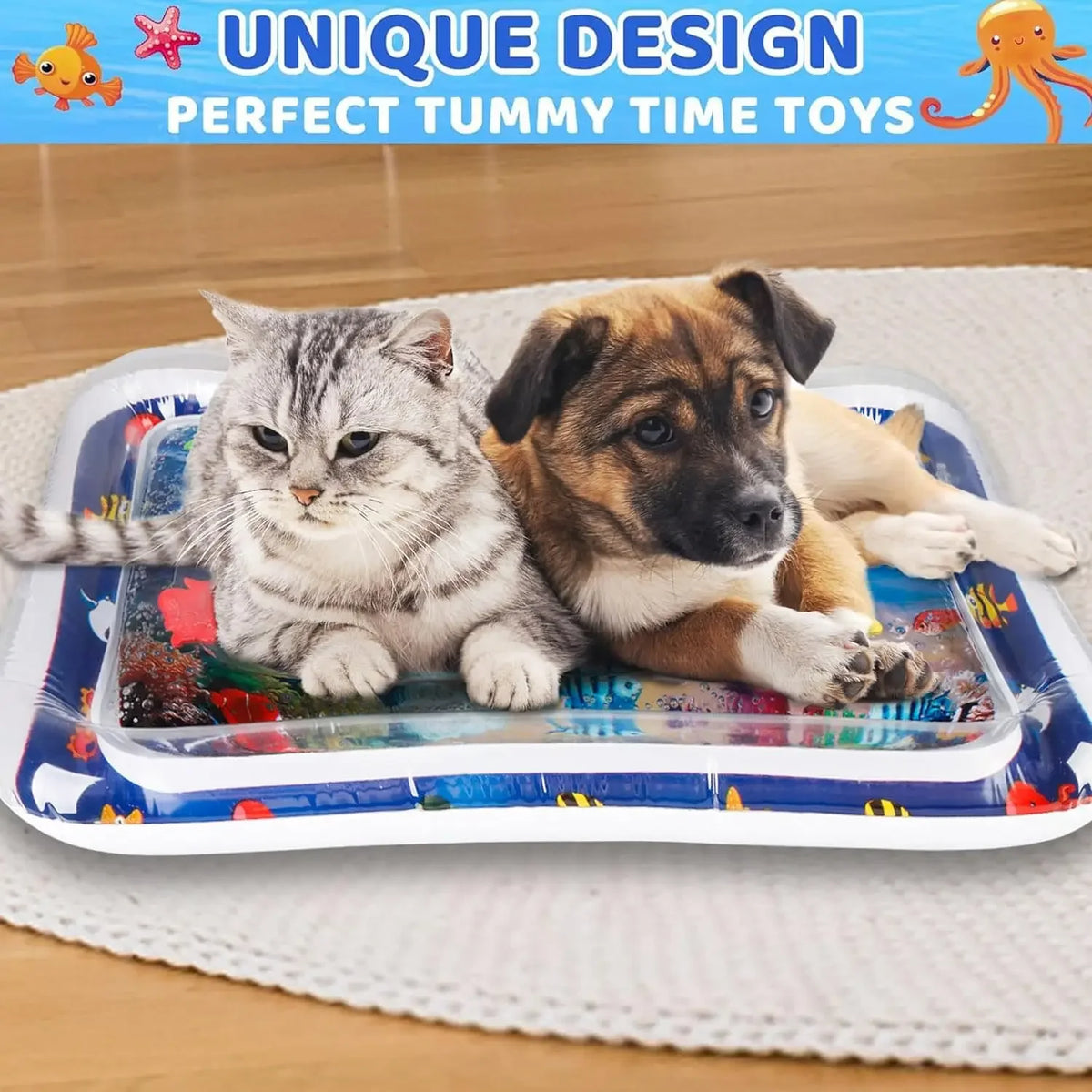 tapis d'éveil bébé thème marin poissons coraux étoiles mer bleu blanc orange verte rose