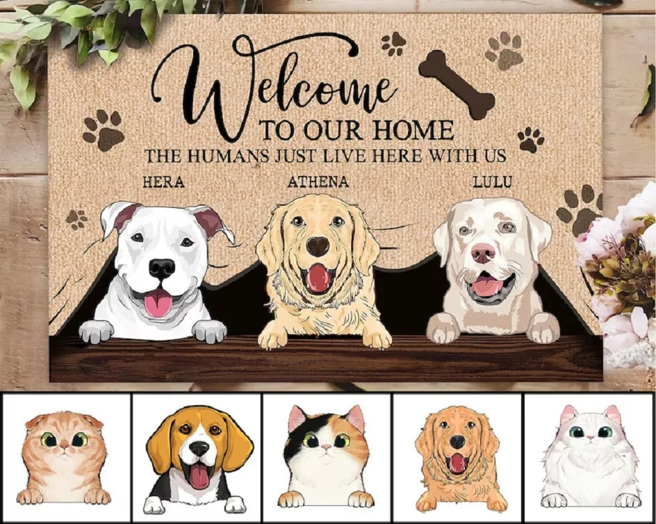 tapis bienvenue personnalisé antidérapant extérieur intérieur empreintes animaux humoristique chiens noms os décoration marronclair