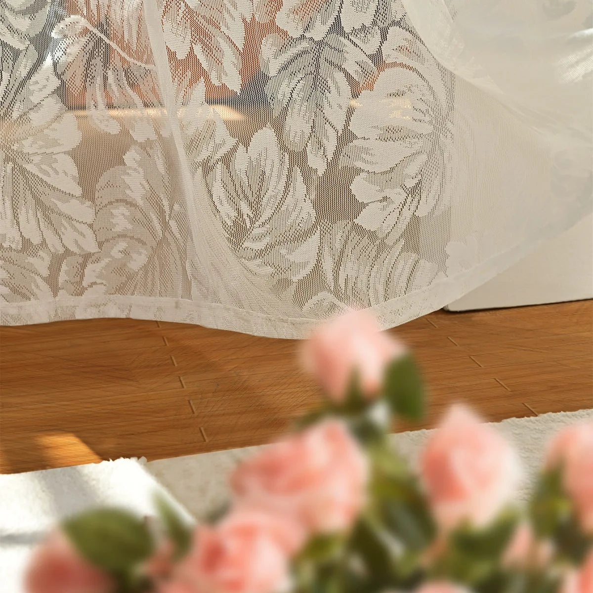rideau blanc fleurs transparent classique deux panneaux salon chambre coucher decoration pastorale
