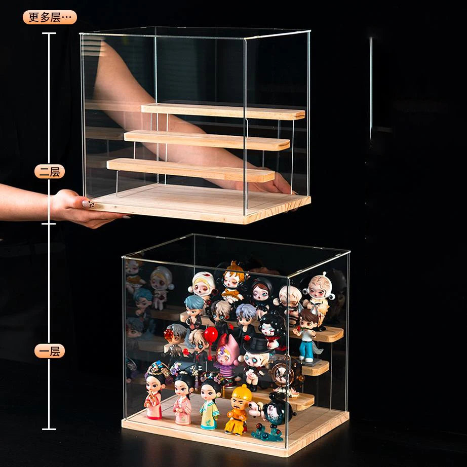 étagère figurines transparente moderne bois clair réutilisable pliable organisateur collection carrée respectueuse environnement minimaliste