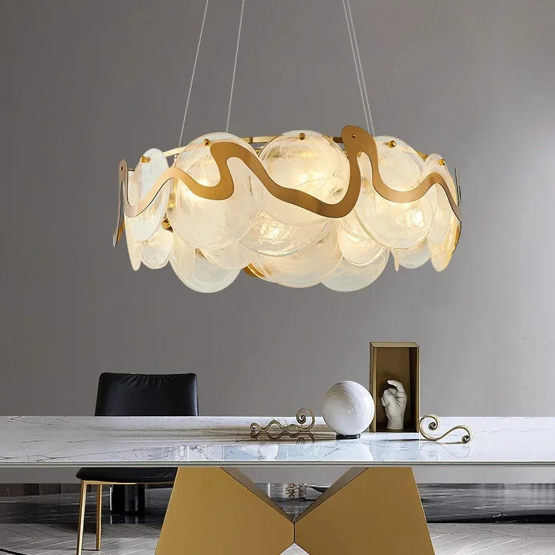 Suspension lumineuse or spirales dorées moderne sphères transparentes 60cm 80cm 95cm