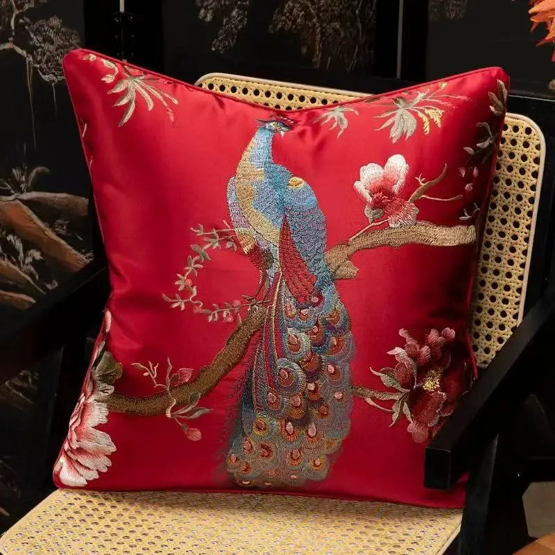 taie d'oreiller brodée oiseau pavillon fleurs 45x45cm polyester bleu clair rouge beige decorative sofa