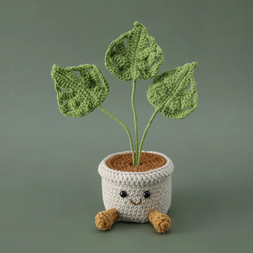 plantes artificielles tricotées vert feuilles marron créatives décoration intérieure maison artisanale festive