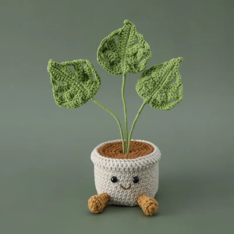 plantes artificielles tricotées vert feuilles marron créatives décoration intérieure maison artisanale festive