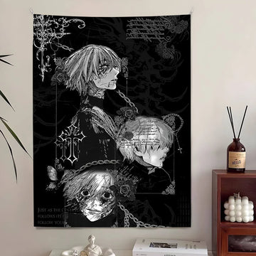 tapisserie murale gothique anime noir blanc décoration chambre esthétique tissu décoratif grand