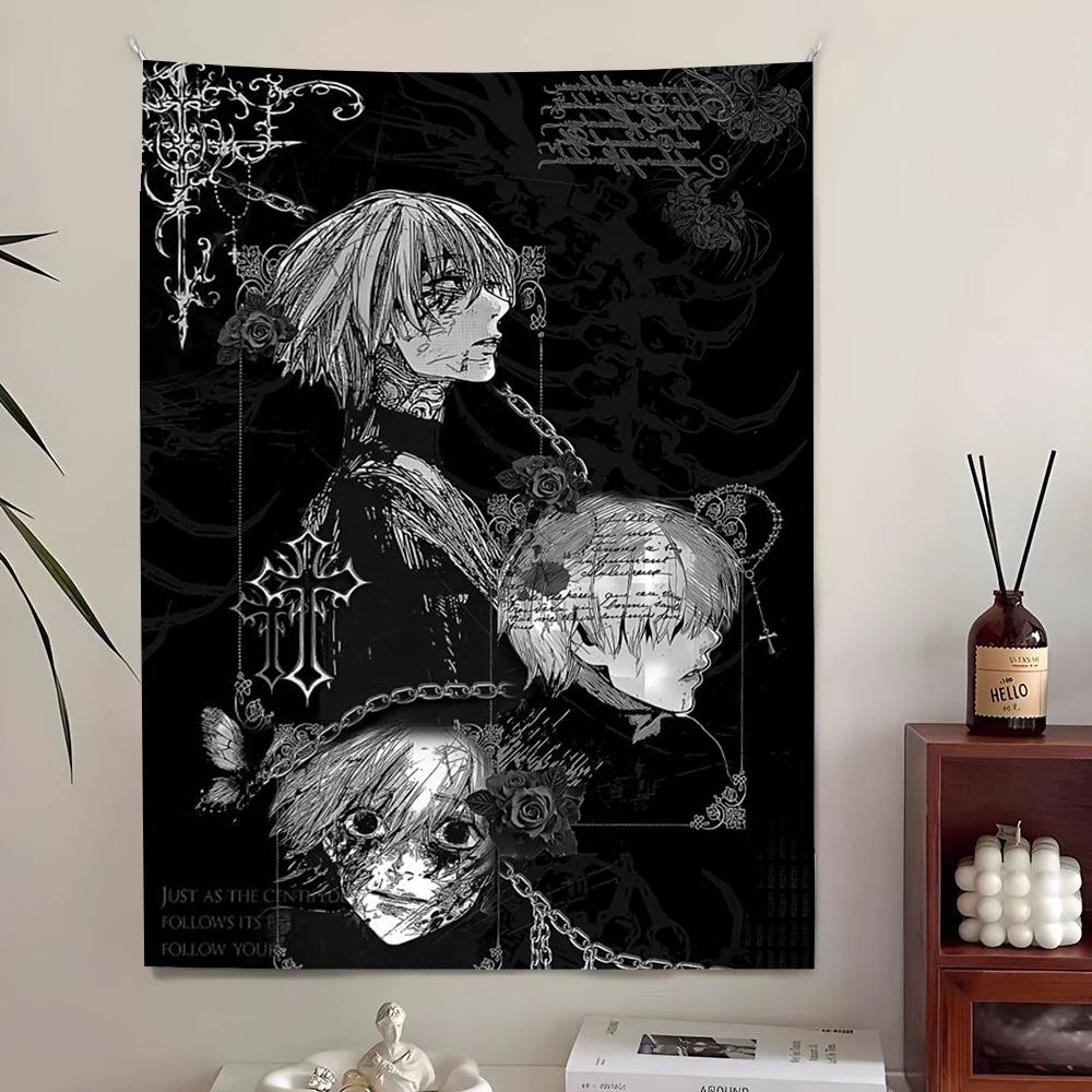 tapisserie murale gothique anime noir blanc décoration chambre esthétique tissu décoratif grand