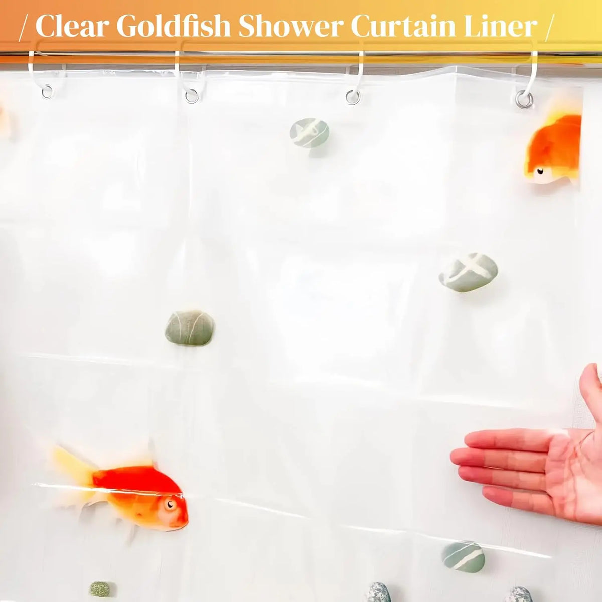 rideau douche transparent poissons dorés coquillages moderne bleu orange blanc gris 12 piques plastique