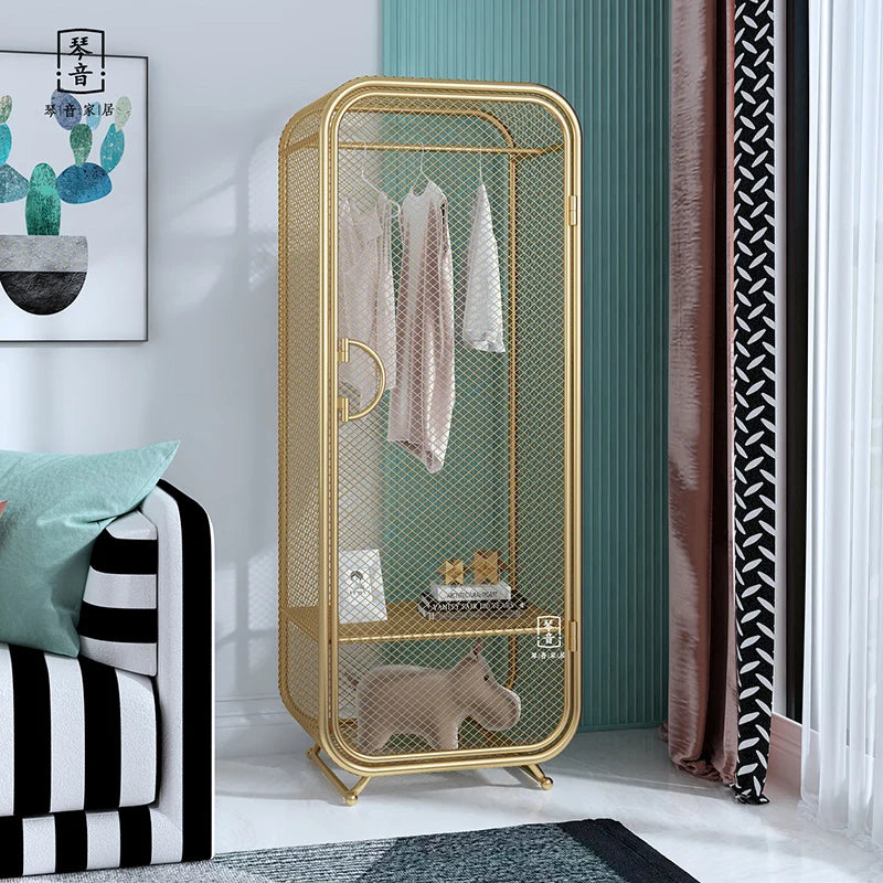 armoire vêtements or maille métallique moderne roulettes 190cm haute tiroirs