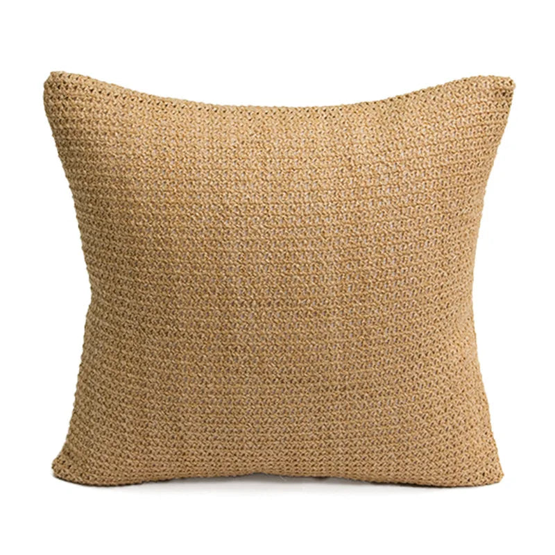 housse coussin tissée jute motif quadrillé vert rustique décor feuilles